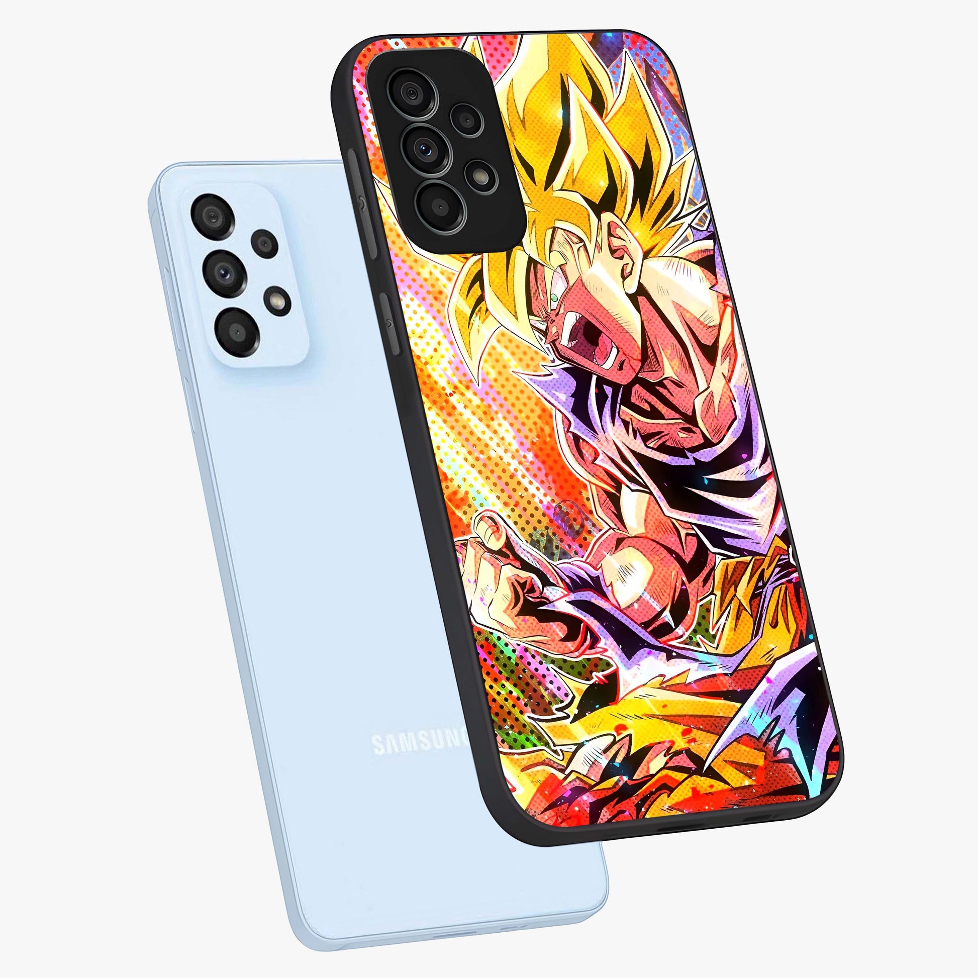 Firing Goku Glass Case displayed in angled mockup highlighting dynamic anime character design with action aesthetic.