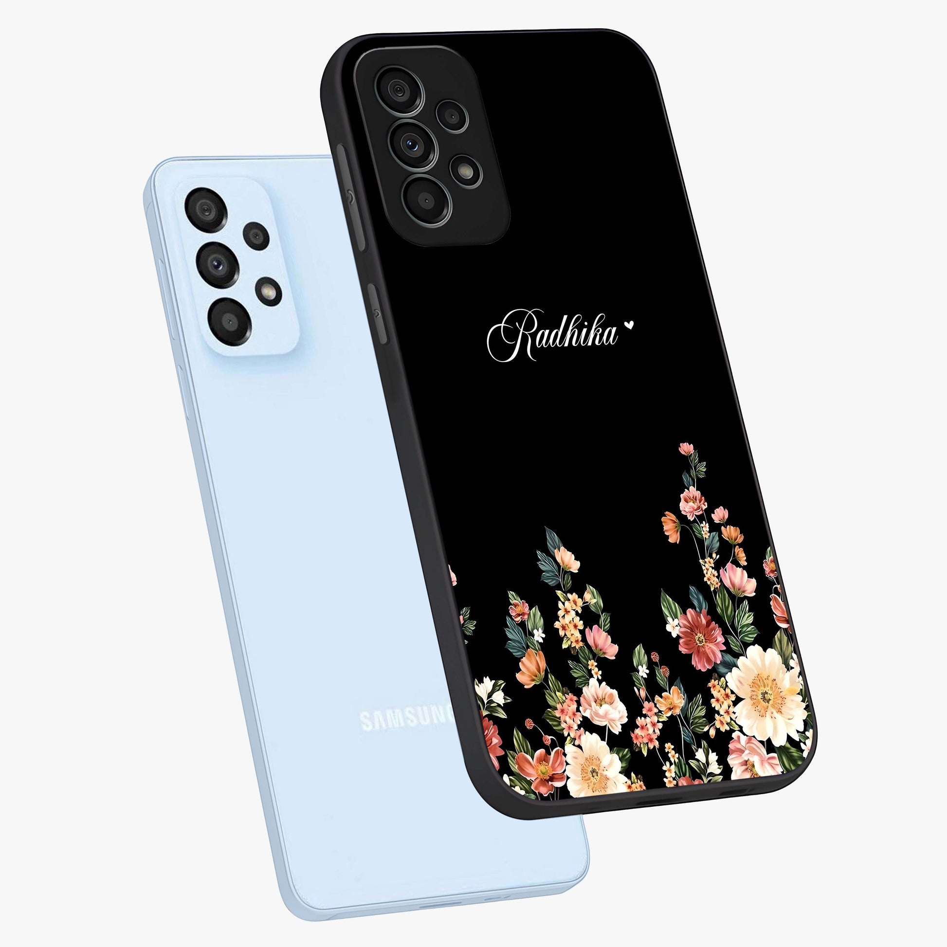 Floral Design With a Custom Personalized Name Glass Case displayed in angled mockup highlighting elegant floral pattern with custom name feature.
