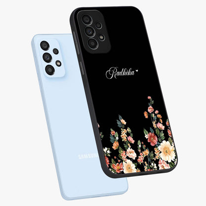 Floral Design With a Custom Personalized Name Glass Case displayed in angled mockup highlighting elegant floral pattern with custom name feature.