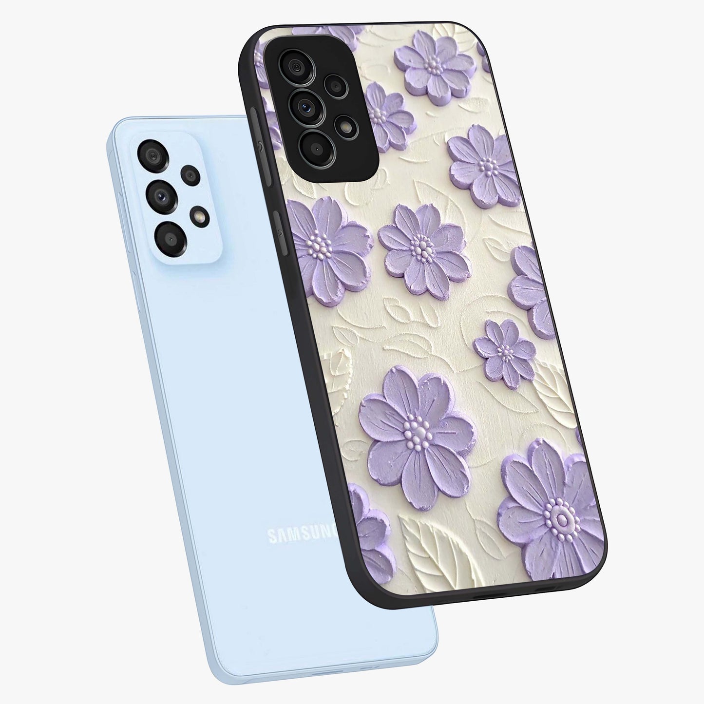 Floral Wall Art With Purple Flowers Glass Case displayed in angled mockup highlighting vibrant purple floral illustration with artistic aesthetic.