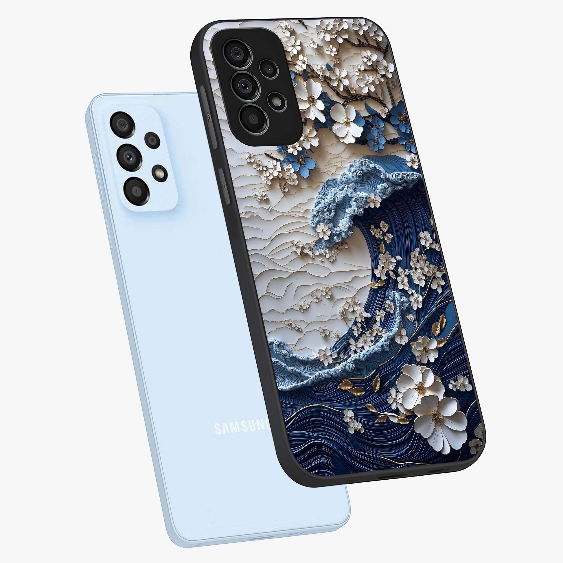 Floral Wave Origami Glass Case displayed in angled mockup highlighting geometric origami flower design with modern aesthetic style.