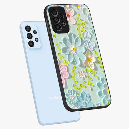 Frosted Petal Garden Glass Case displayed in angled mockup highlighting delicate flower petal design with calm garden aesthetic.
