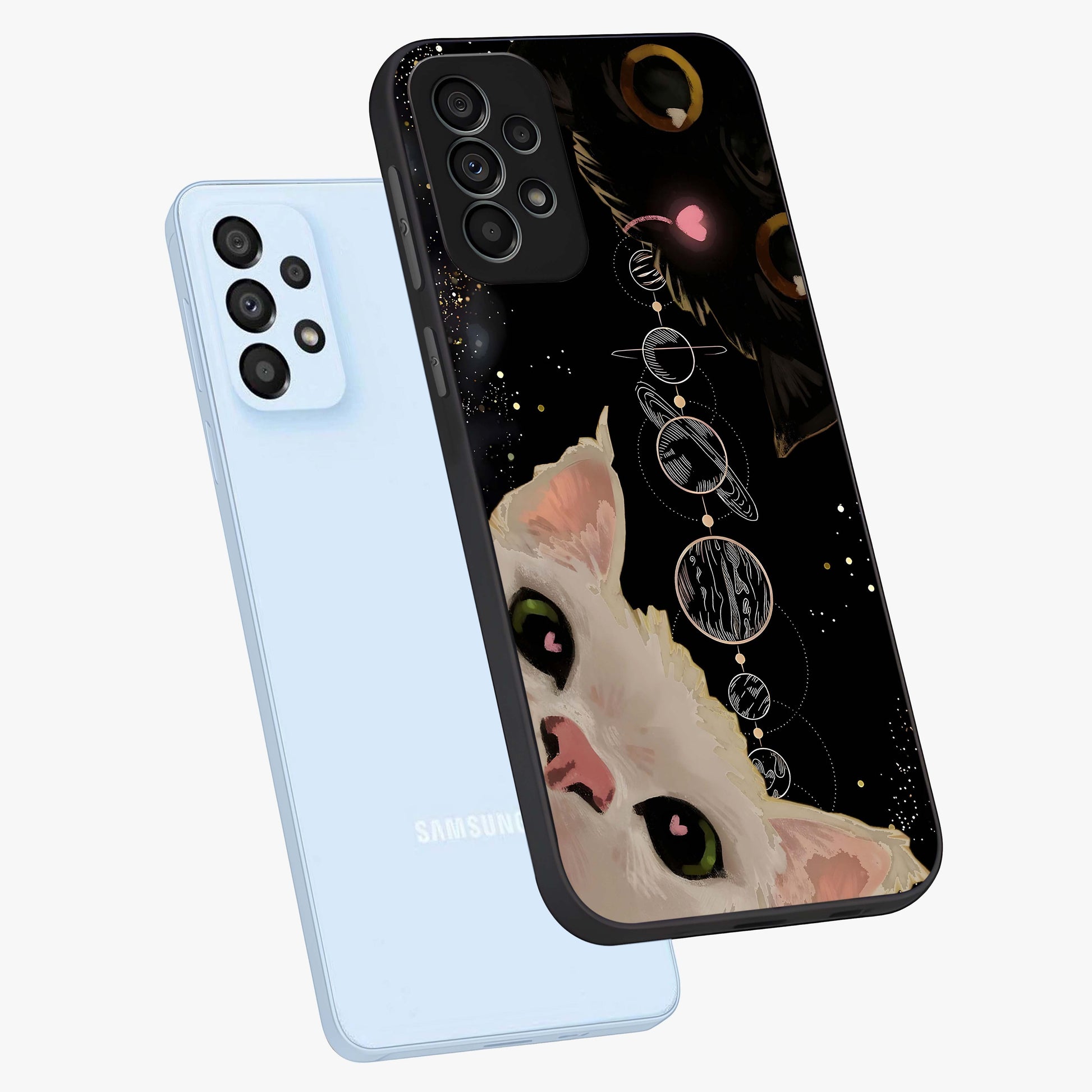Galactic Cat Glass Case displayed in angled mockup highlighting celestial feline illustration with galaxy aesthetic style.