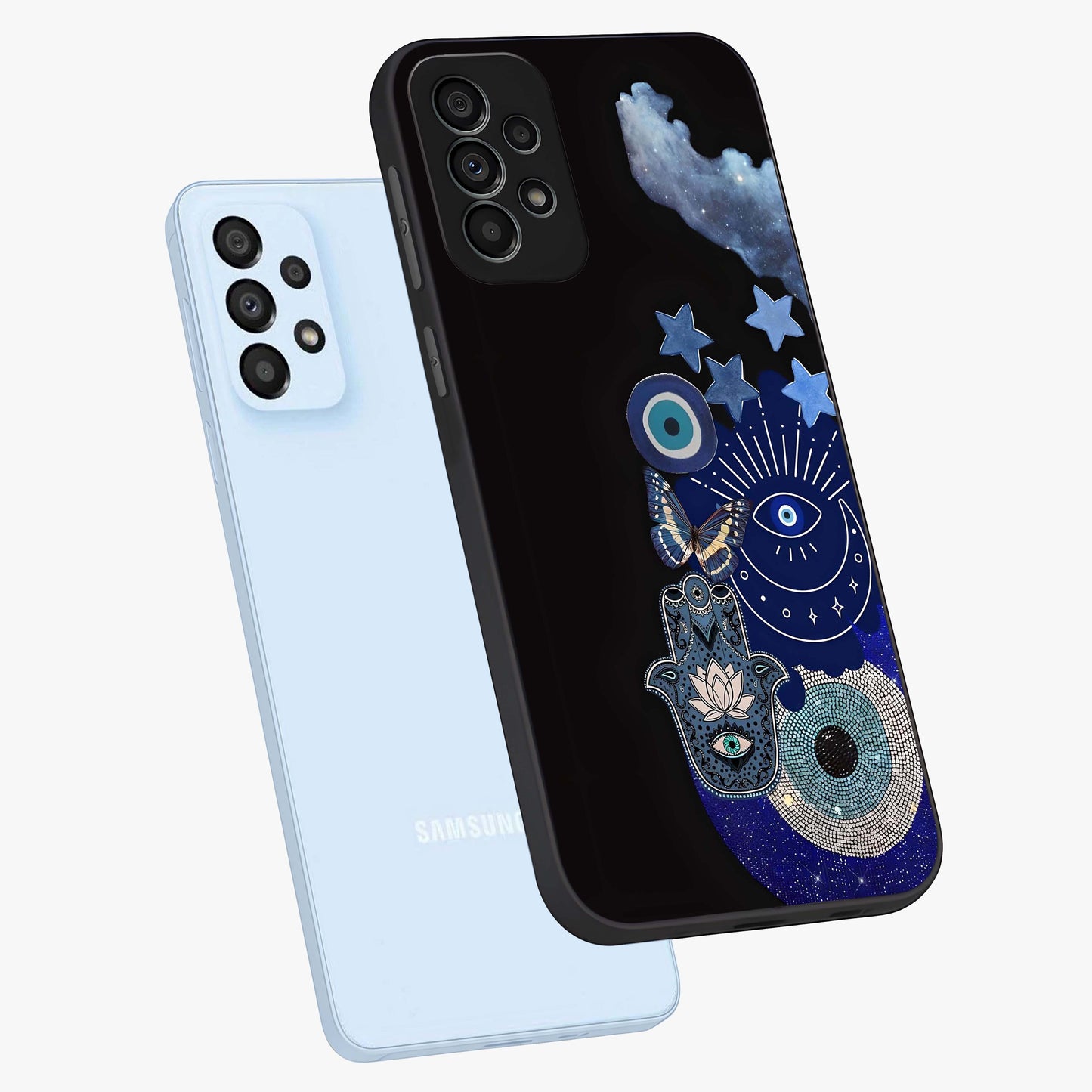 Galactic Charm Cluster Glass Case displayed in angled mockup highlighting luminous galaxy inspired design with dreamy aesthetic.