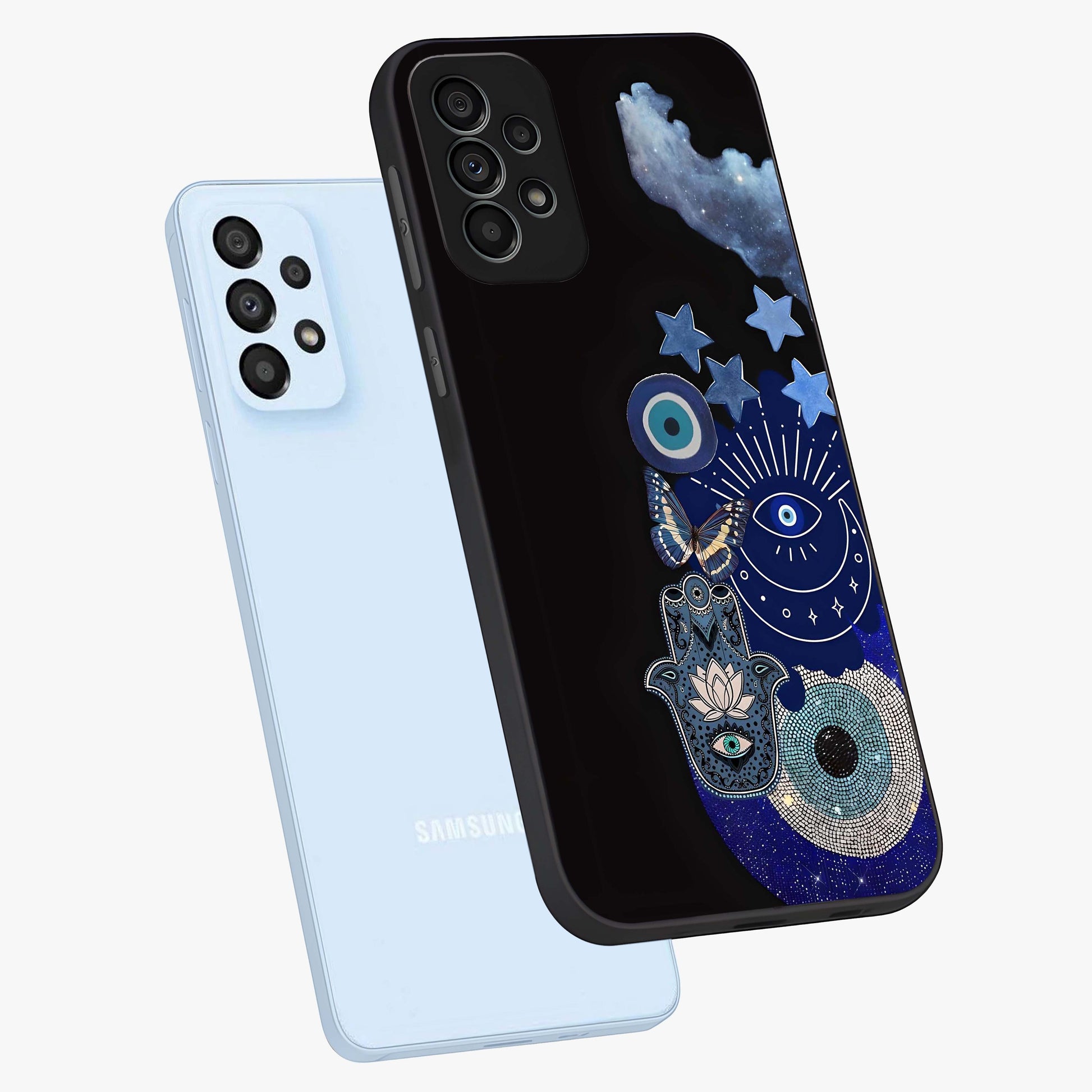 Galactic Charm Cluster Glass Case displayed in angled mockup highlighting luminous galaxy inspired design with dreamy aesthetic.