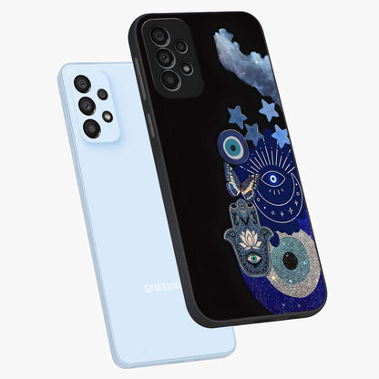Galactic Charm Cluster Glass Case displayed in angled mockup highlighting luminous galaxy inspired design with dreamy aesthetic.