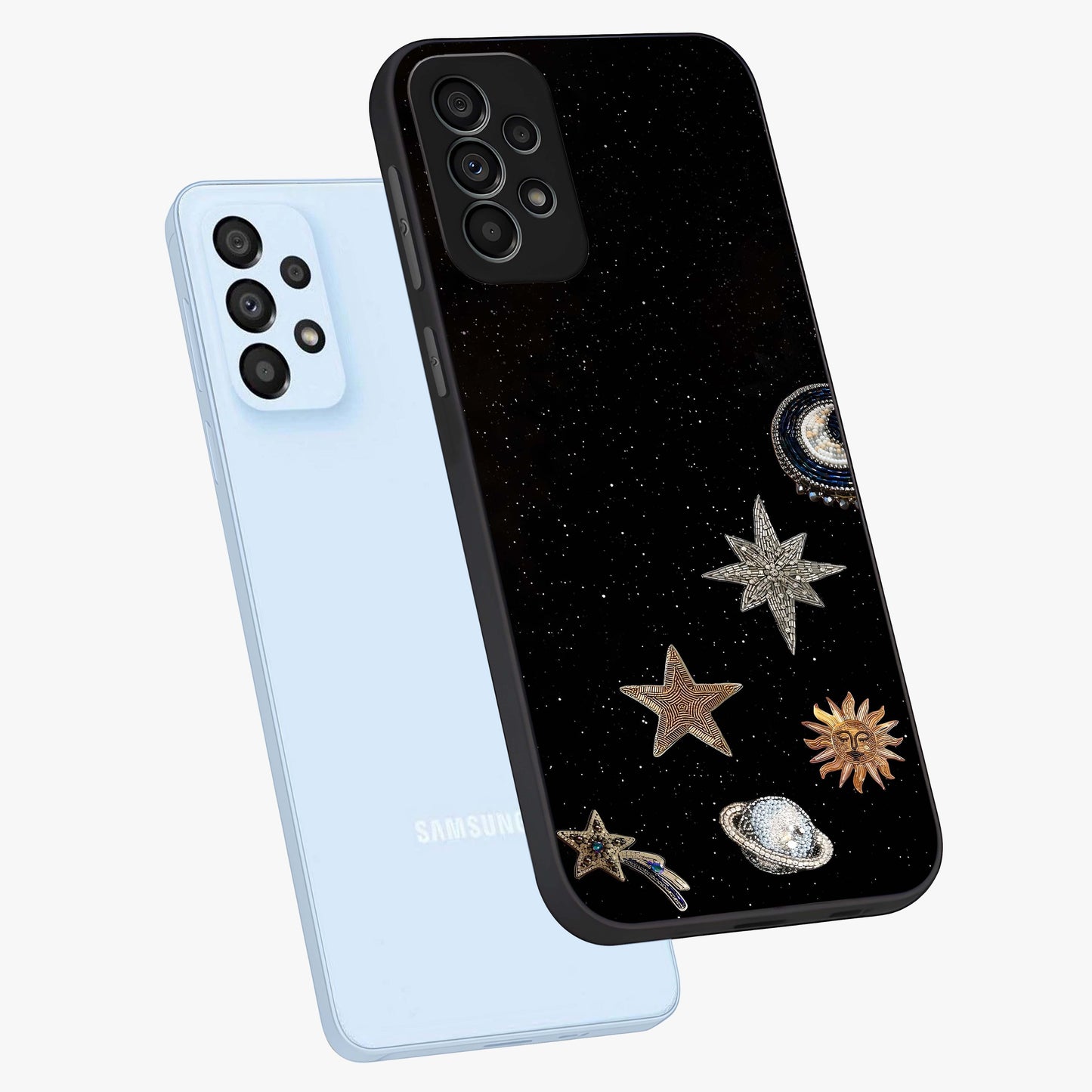 Galactic Charm Glow Glass Case displayed in angled mockup highlighting luminous galaxy inspired design with dreamy aesthetic.
