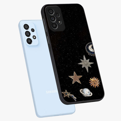 Galactic Charm Glow Glass Case displayed in angled mockup highlighting luminous galaxy inspired design with dreamy aesthetic.