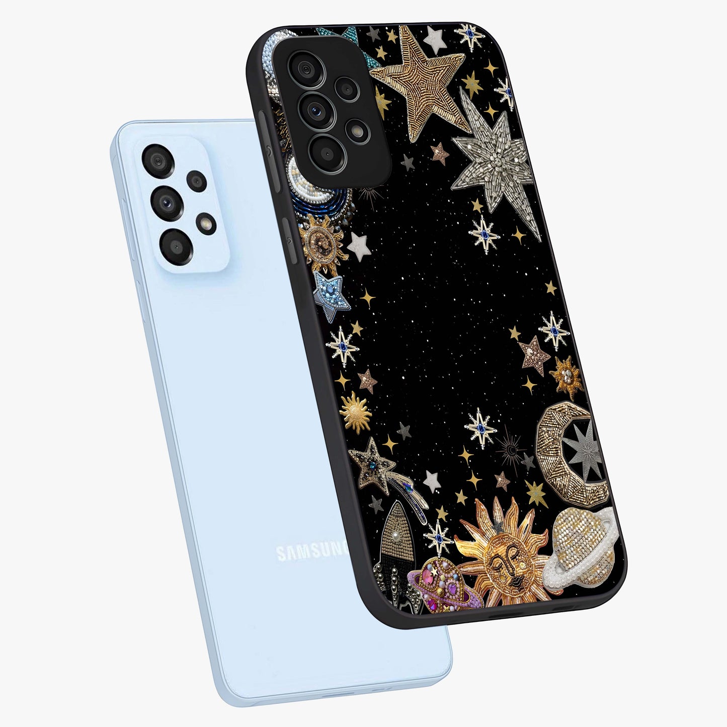 Galactic Jewel Stars Glass Case displayed in angled mockup highlighting shining celestial star design with cosmic aesthetic style.