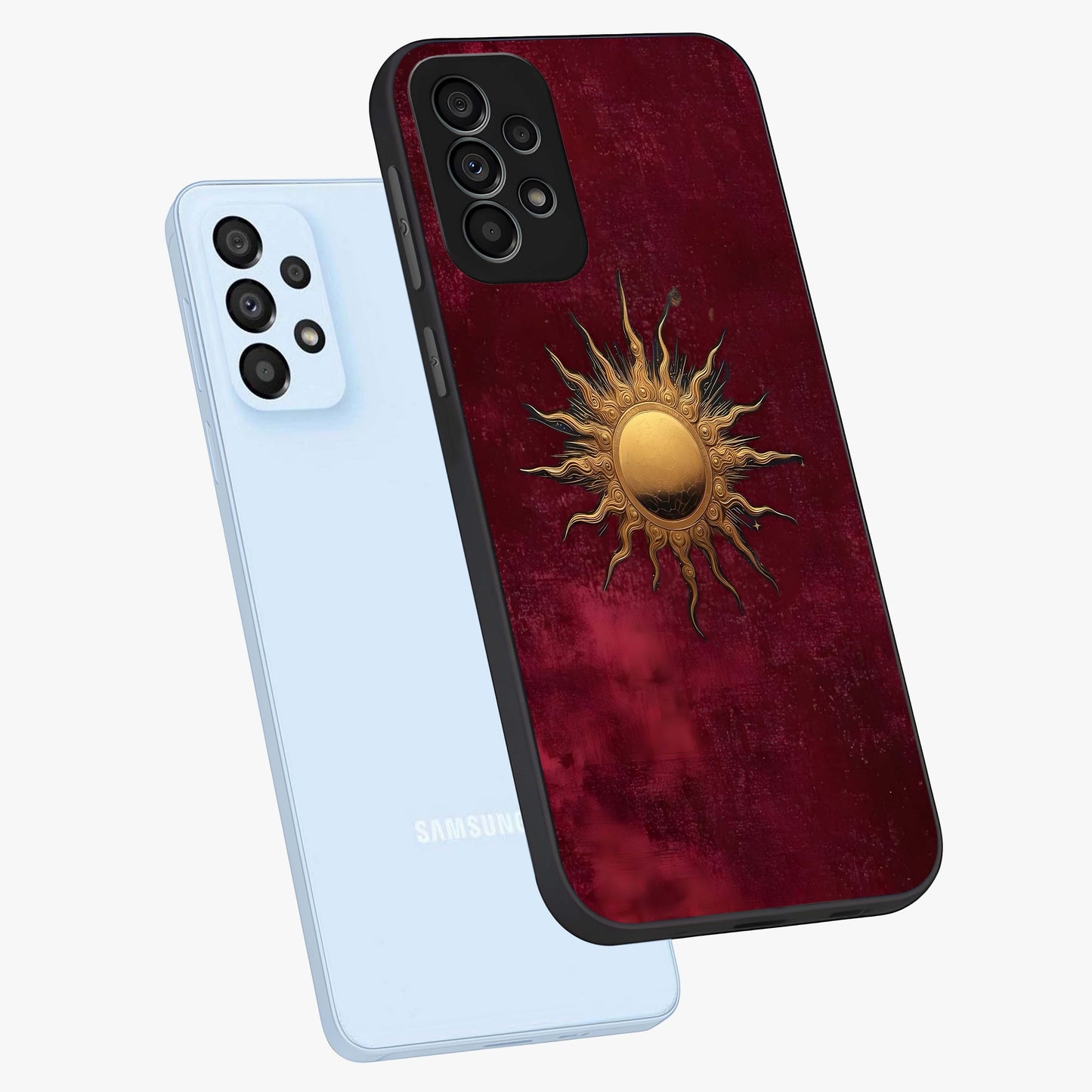 Golden Sun Minimalism Glass Case displayed in angled mockup highlighting clean sun symbol design with modern minimal aesthetic.
