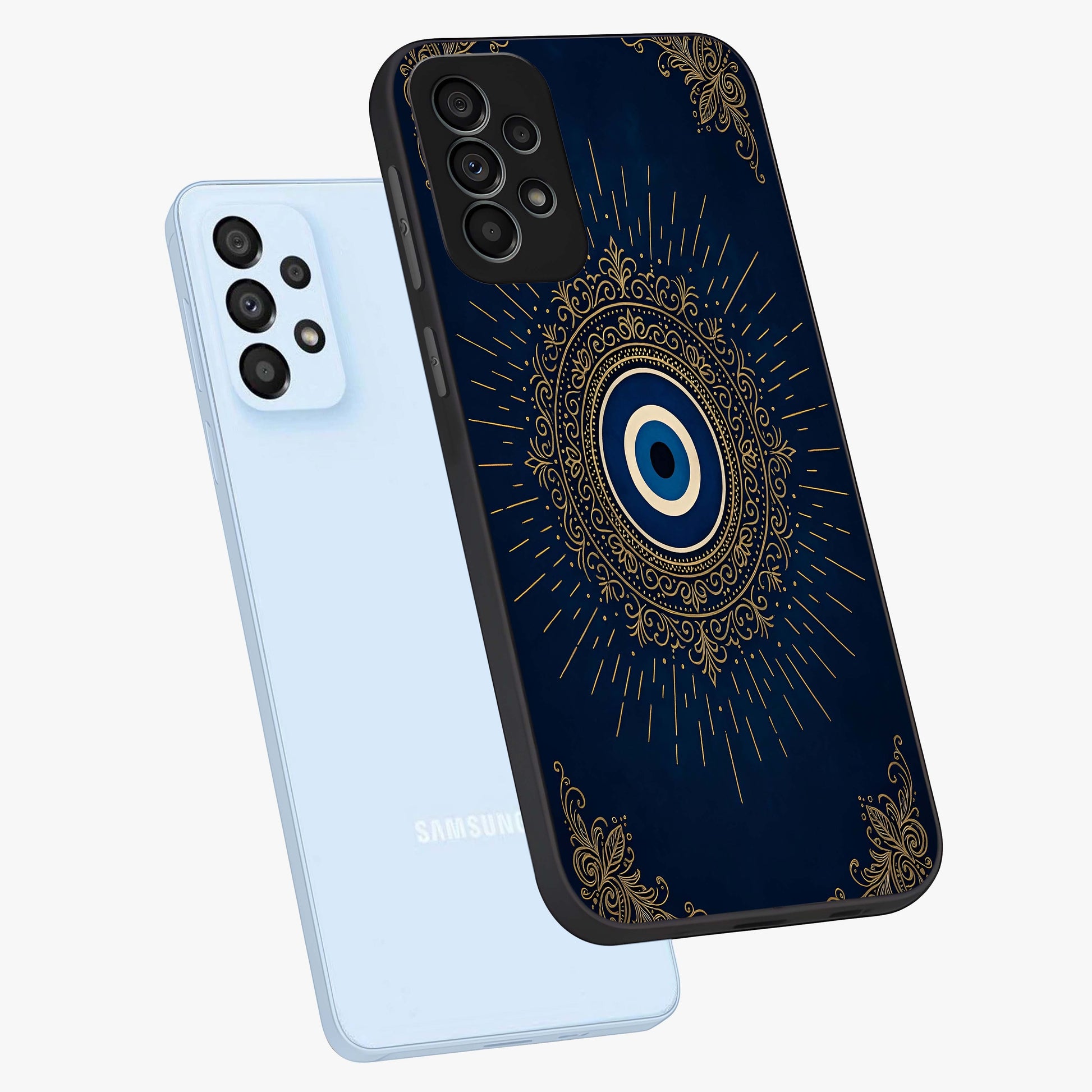 Golden Celestial Charm Glass Case displayed in angled mockup highlighting sparkling cosmic charm design with celestial aesthetic.
