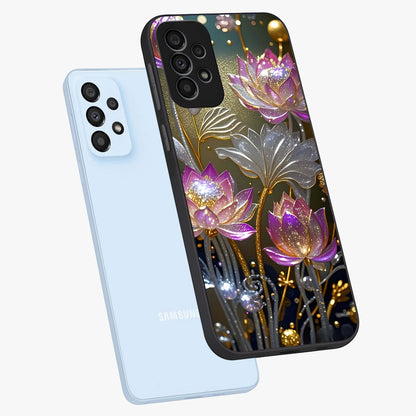 Golden Floral Majesty Glass Case displayed in angled mockup highlighting elegant flower design with royal golden aesthetic.