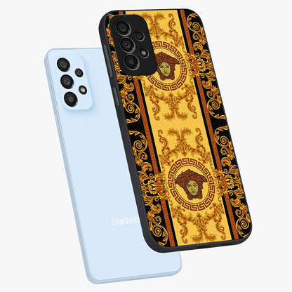 Golden Lotus Glow Glass Case displayed in angled mockup highlighting radiant lotus illustration with spiritual aesthetic.