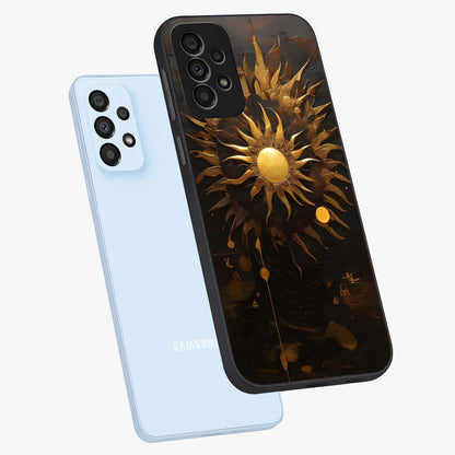 Golden Sun Majesty Glass Case displayed in angled mockup highlighting eerie shadow illustration with gothic aesthetic.