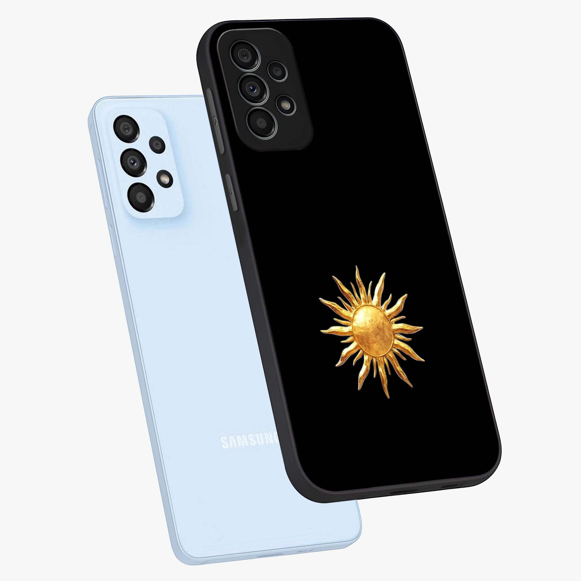 Golden Sun Minimalism Glass Case displayed in angled mockup highlighting eerie shadow illustration with gothic aesthetic.