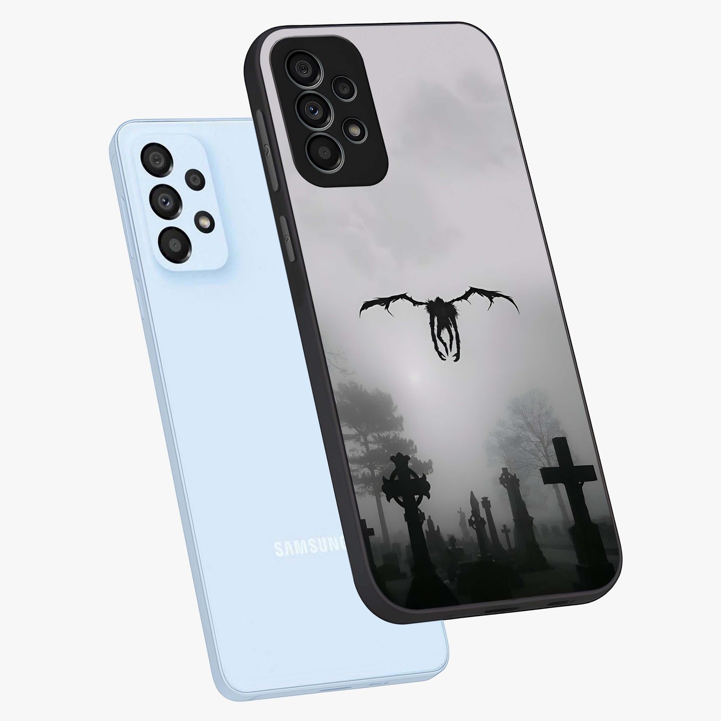 Graveyard Shadow Descent Glass Case displayed in angled mockup highlighting eerie shadow illustration with gothic aesthetic.