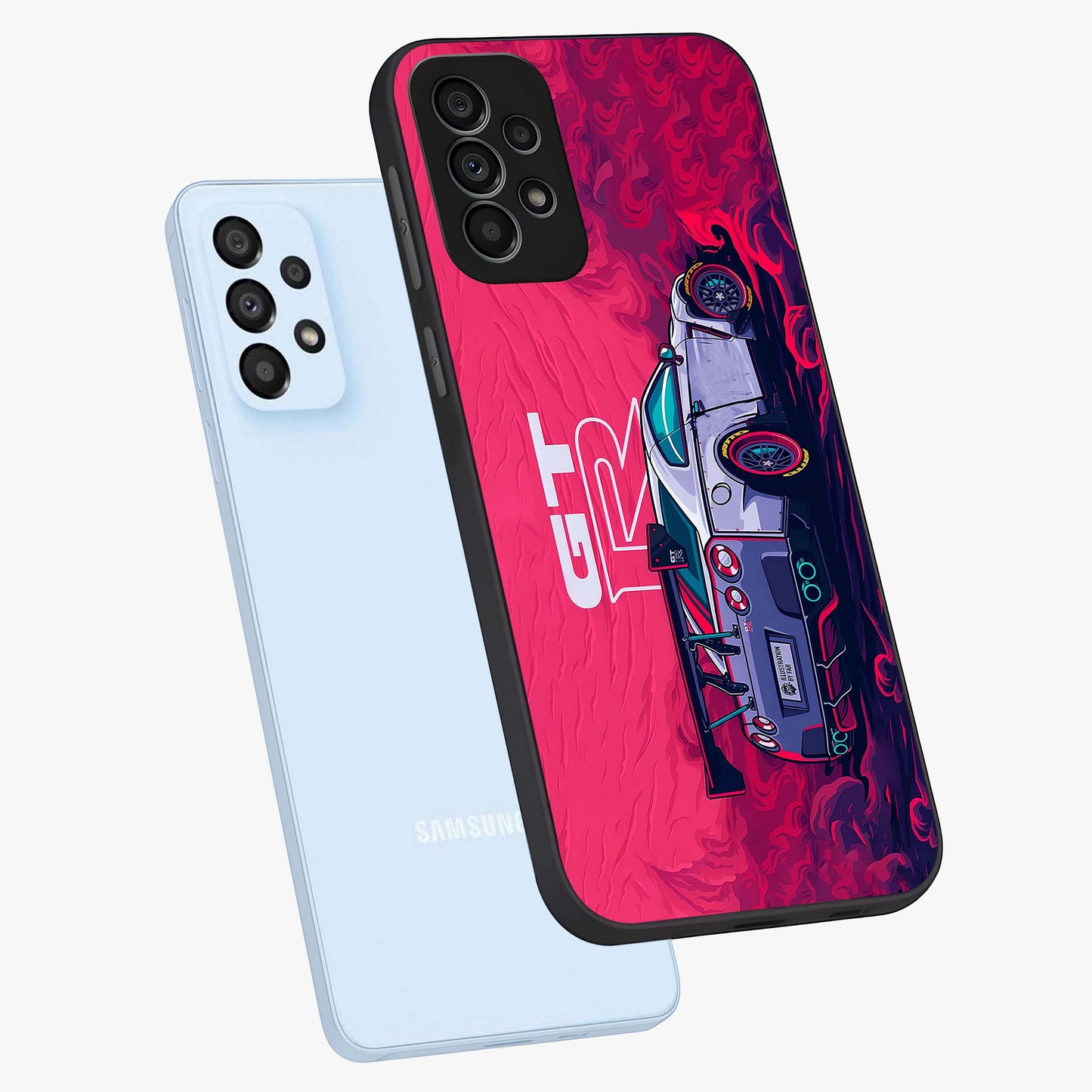 GT-R Car Pattern Glass Case displayed in angled mockup highlighting racing car graphic design with bold automotive aesthetic.