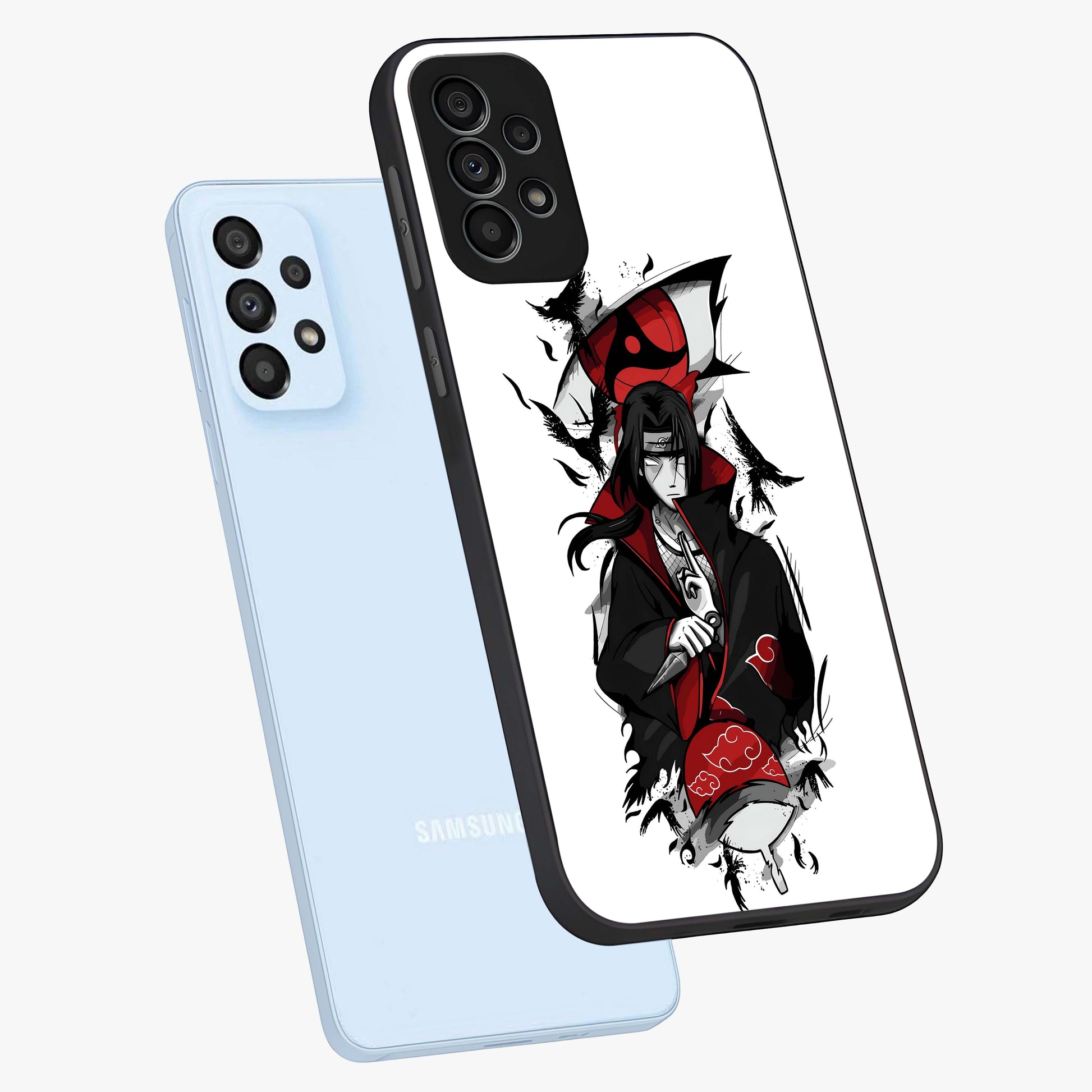 Itachi Limited Edition Naruto Anime Glass Case displayed in angled mockup highlighting dramatic anime illustration with bold action aesthetic.