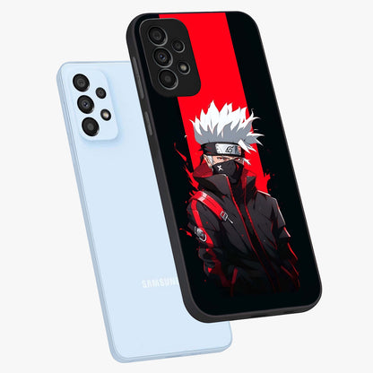 Kakashi Scarlet Shadow Glass Case displayed in angled mockup highlighting dramatic ninja illustration with scarlet themed aesthetic.
