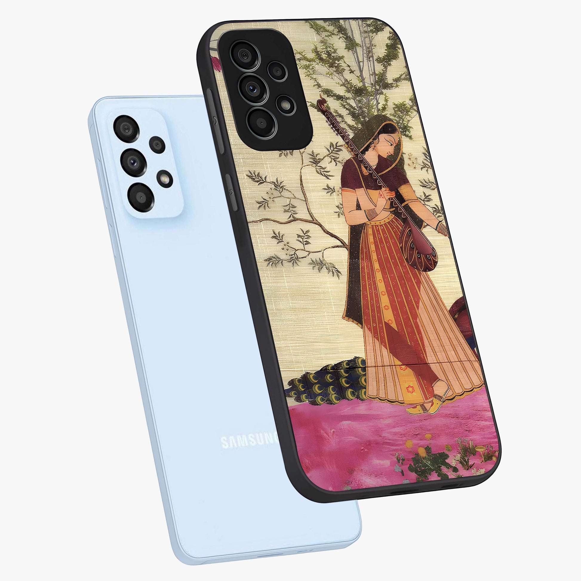 Lady With Veena Art Glass Case displayed in angled mockup highlighting graceful musical illustration with cultural artistic aesthetic.