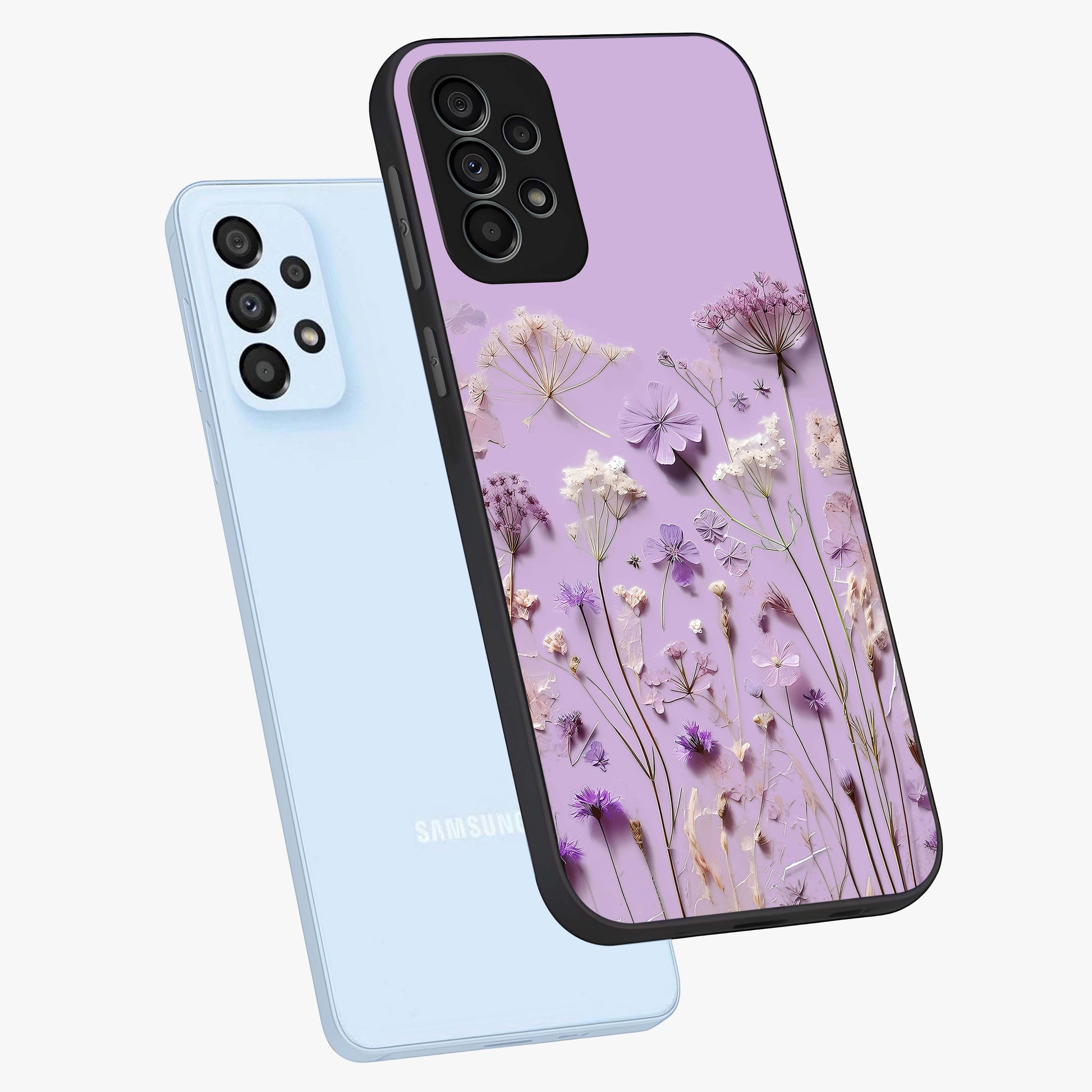 Lavender Blossom Dream Glass Case displayed in angled mockup highlighting dreamy lavender flower design with calming aesthetic style.