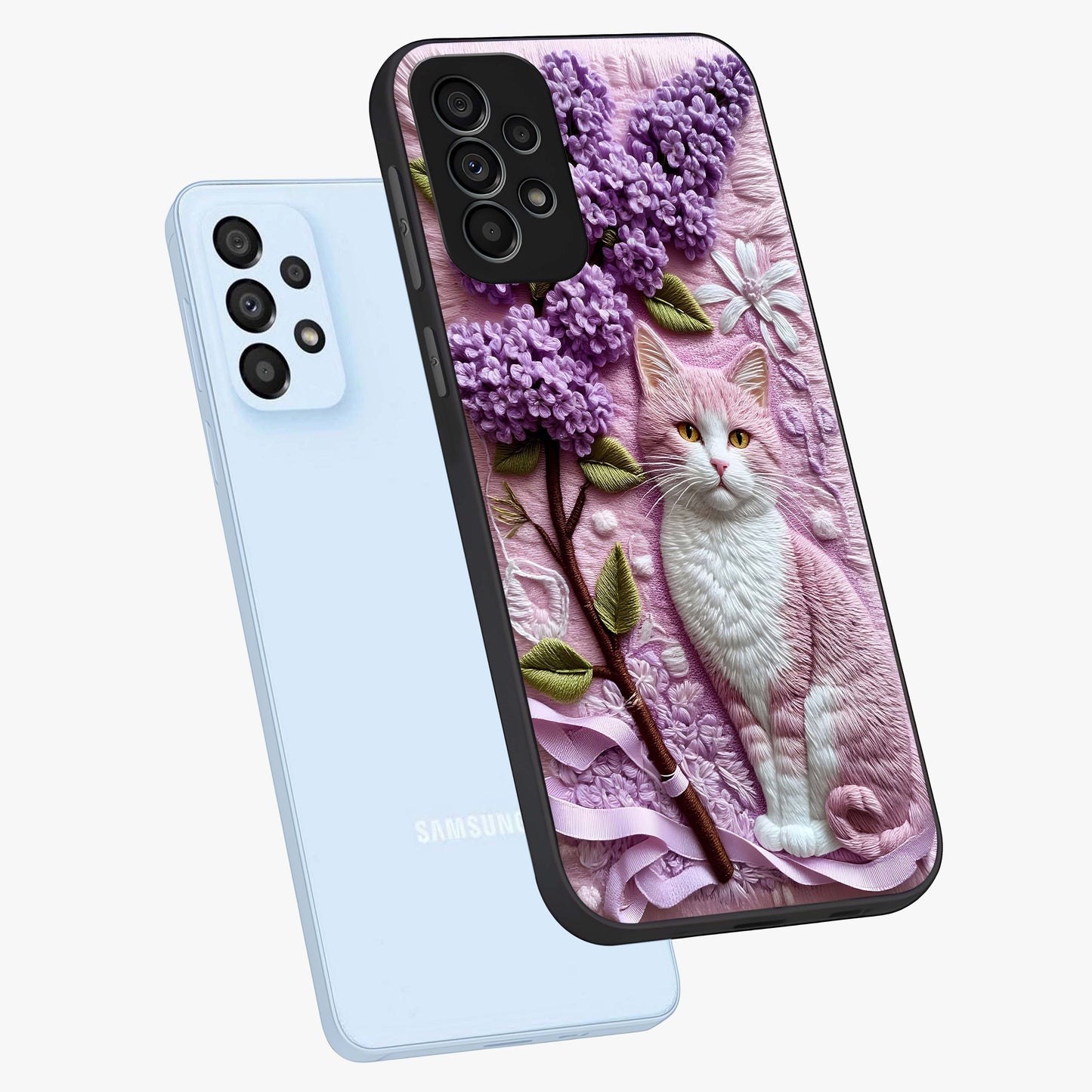 Lavender Cat Whimsy Glass Case displayed in angled mockup highlighting playful feline illustration with pastel lavender aesthetic.