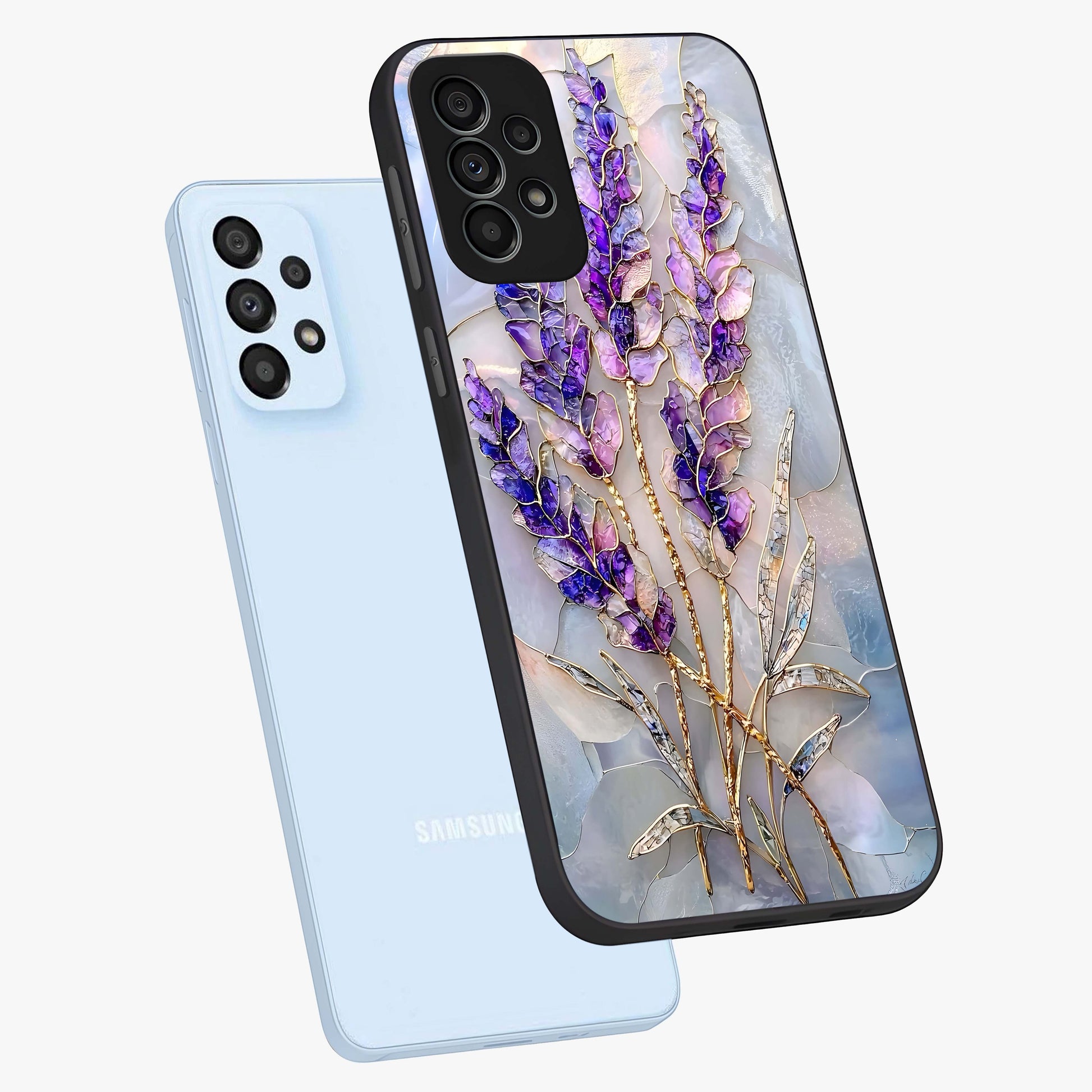 Lavender Dream Glow Glass Case displayed in angled mockup highlighting dreamy purple glow design with soft artistic style.