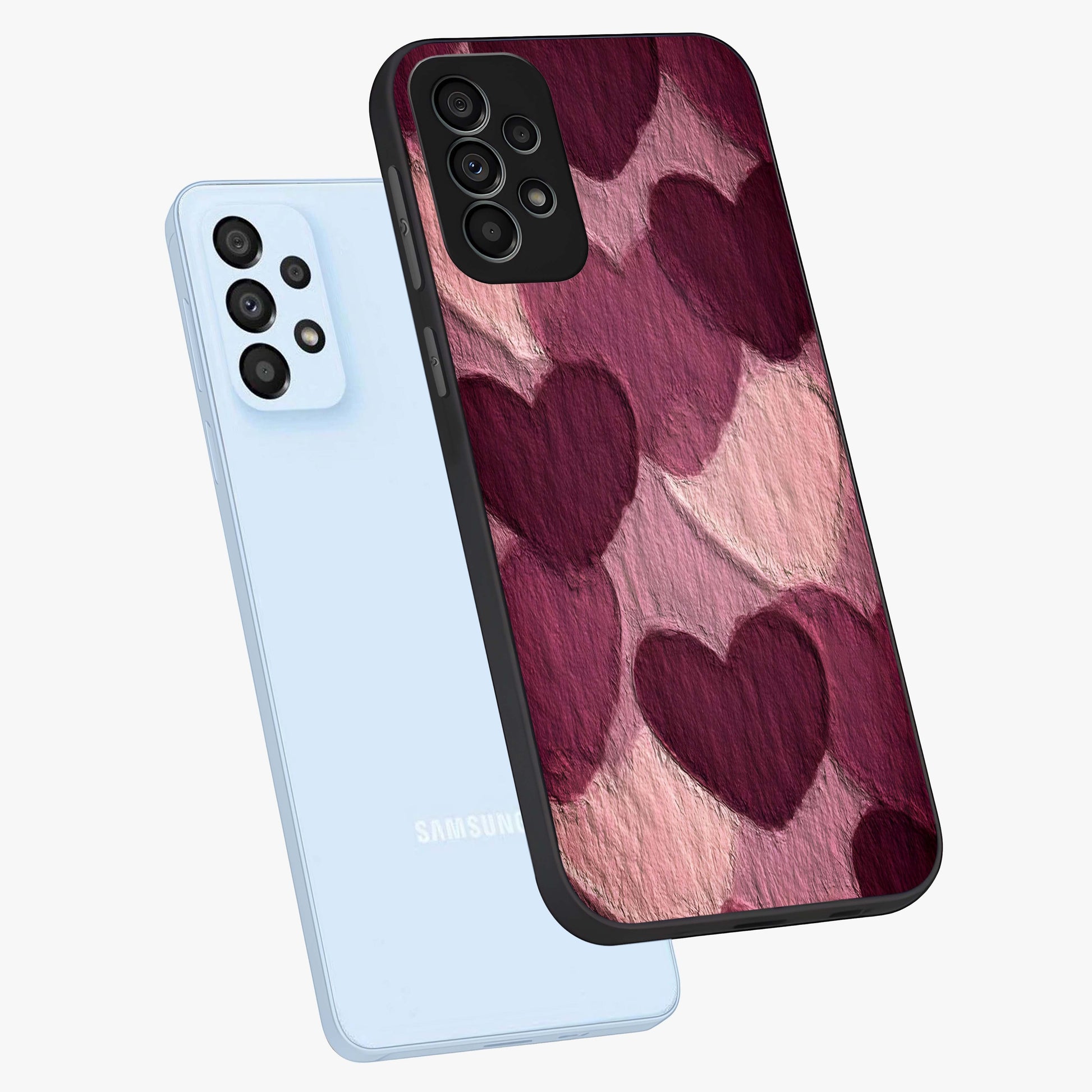 Layered Paper Hearts Glass Case displayed in angled mockup highlighting creative paper craft heart design with romantic aesthetic.