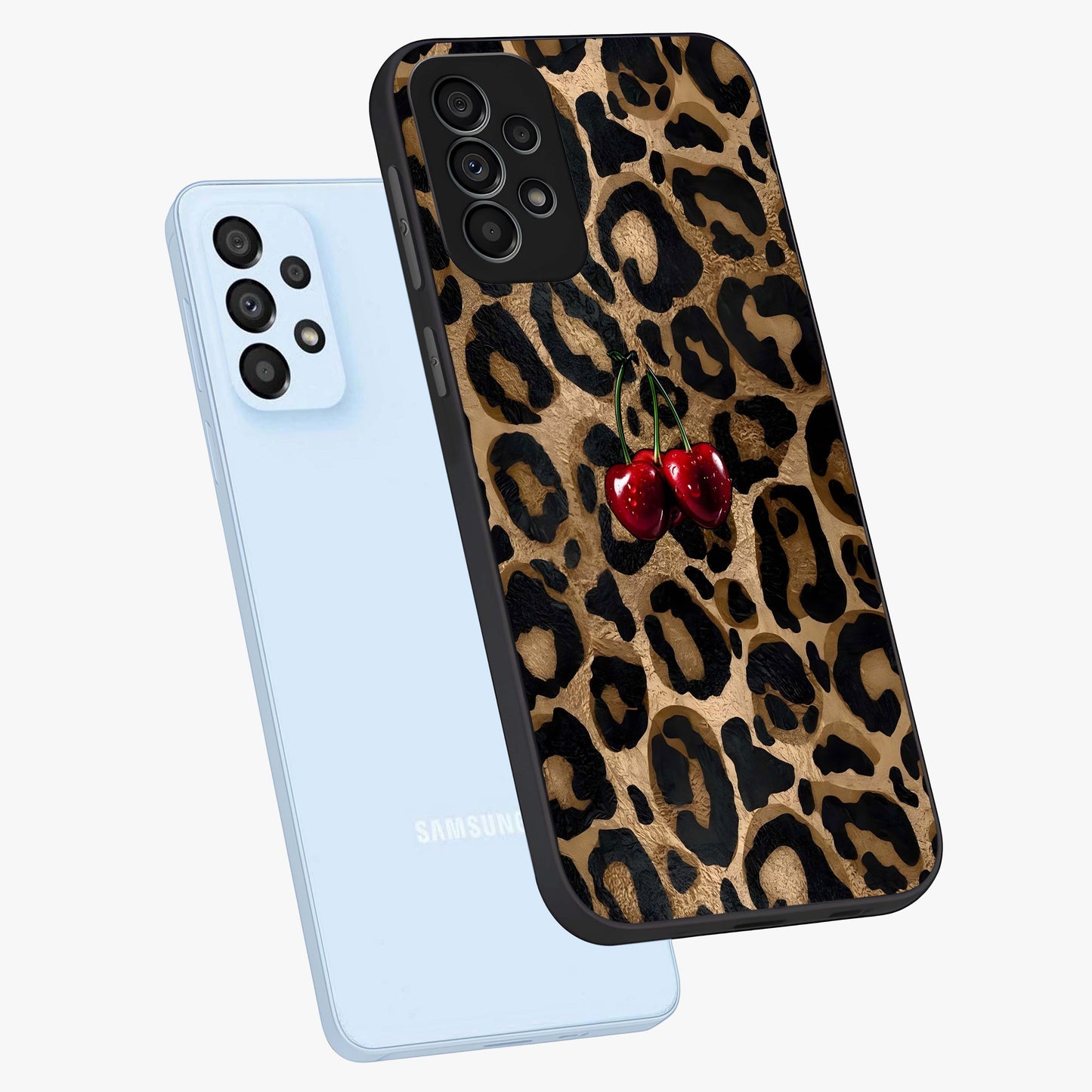 Leopard Wild Cherry Glass Case displayed in angled mockup highlighting bold animal print design with playful cherry aesthetic.