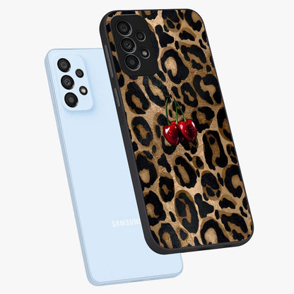 Leopard Wild Cherry Glass Case displayed in angled mockup highlighting bold animal print design with playful cherry aesthetic.