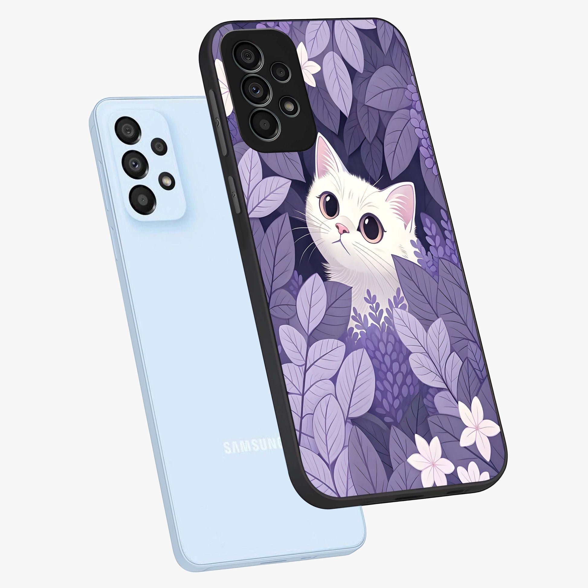 Lilac Hide Peek Cat Glass Case displayed in angled mockup highlighting playful feline illustration with lilac aesthetic design.