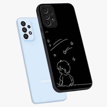 Line Art Boy With Shooting Stars Glass Case displayed in angled mockup highlighting elegant line art design with dreamy star aesthetic.