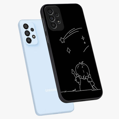 Line Art Girl With Shooting Stars Glass Case displayed in angled mockup highlighting elegant line art design with dreamy star aesthetic.