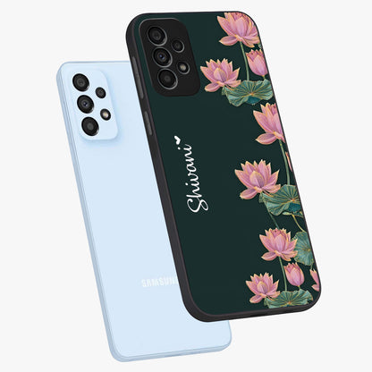Lotus Bloom Serenity Custom Name Glass Case displayed in angled mockup highlighting graceful lotus illustration with custom name feature.