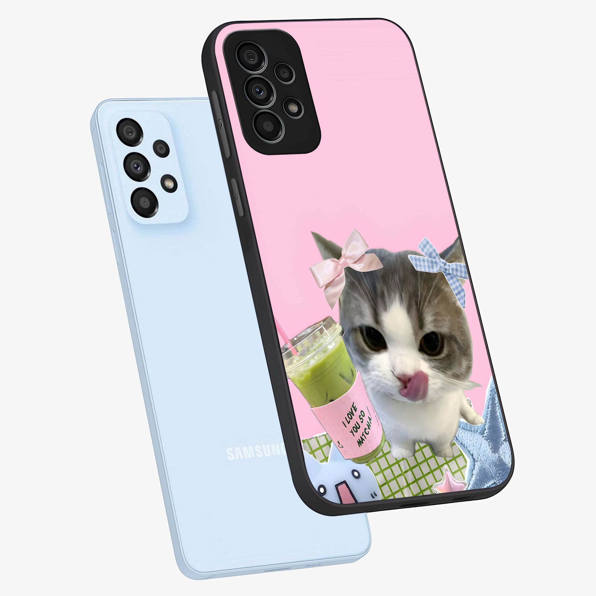 Love Matcha Cat Glass Case displayed in angled mockup highlighting playful feline illustration with cozy matcha aesthetic.