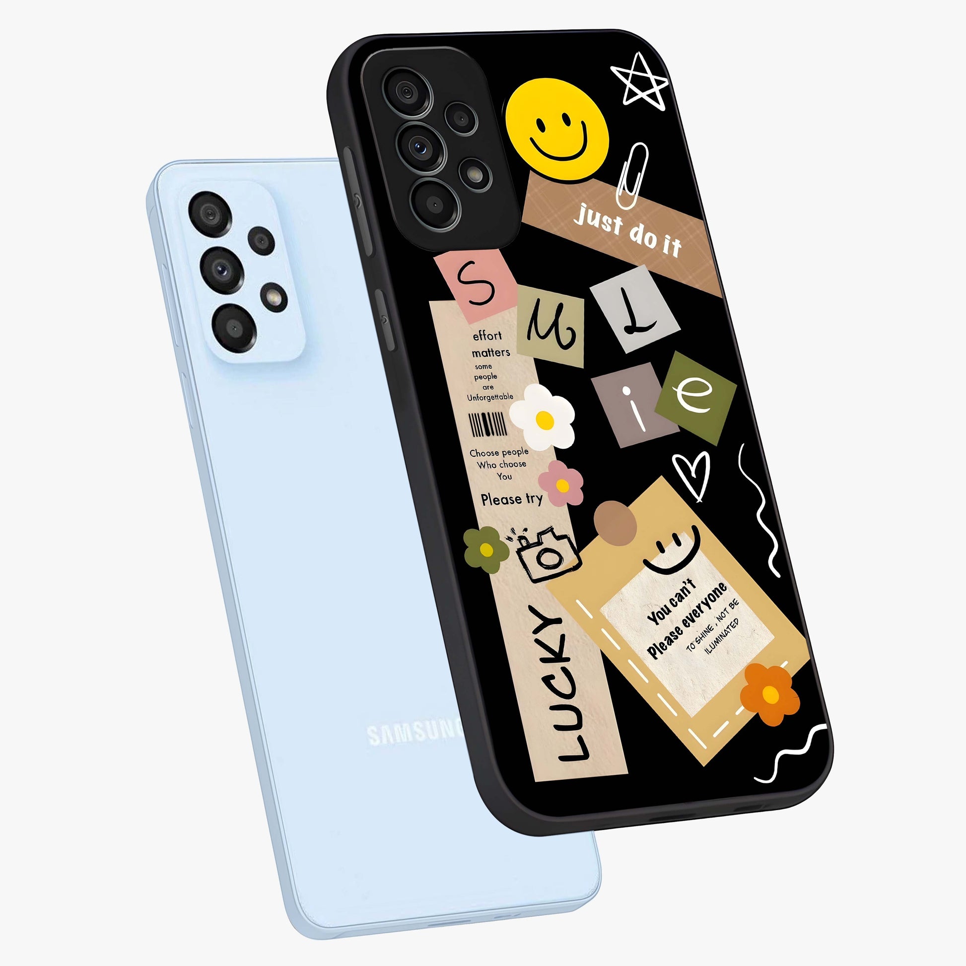 Lucky Aesthetic Collage Glass Case displayed in angled mockup highlighting stylish collage pattern with modern aesthetic vibe.