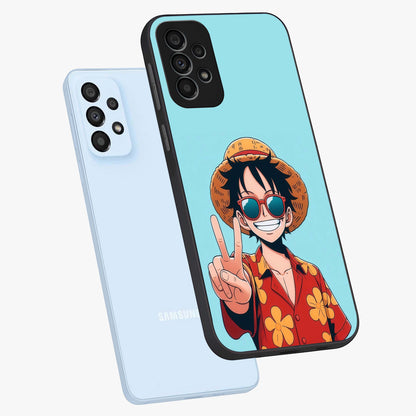 Luffy Summer Anime Vibe Glass Case displayed in angled mockup highlighting energetic anime illustration with summer vibe aesthetic.