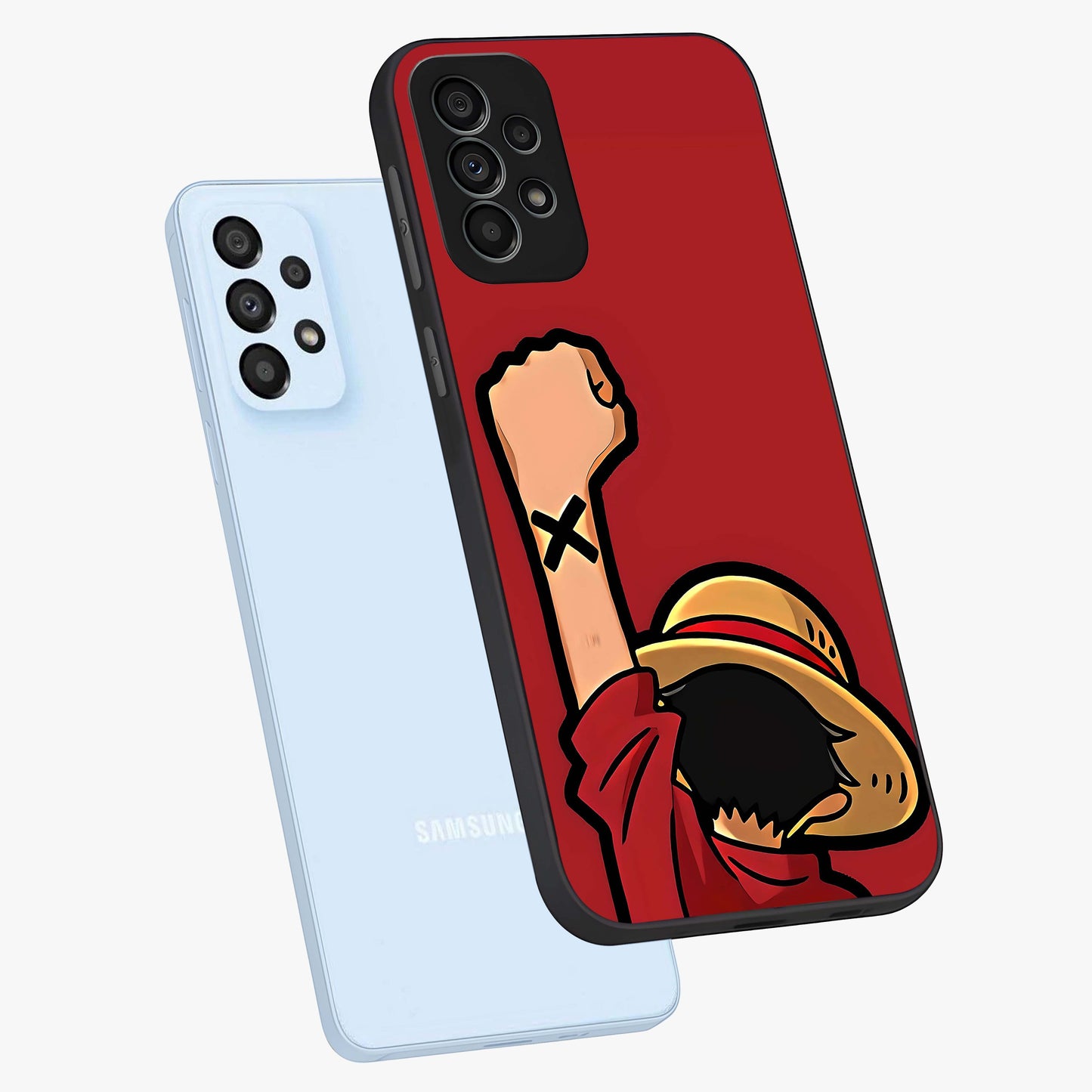 Luffy X Spirit Glass Case displayed in angled mockup highlighting powerful anime design with energetic action aesthetic.