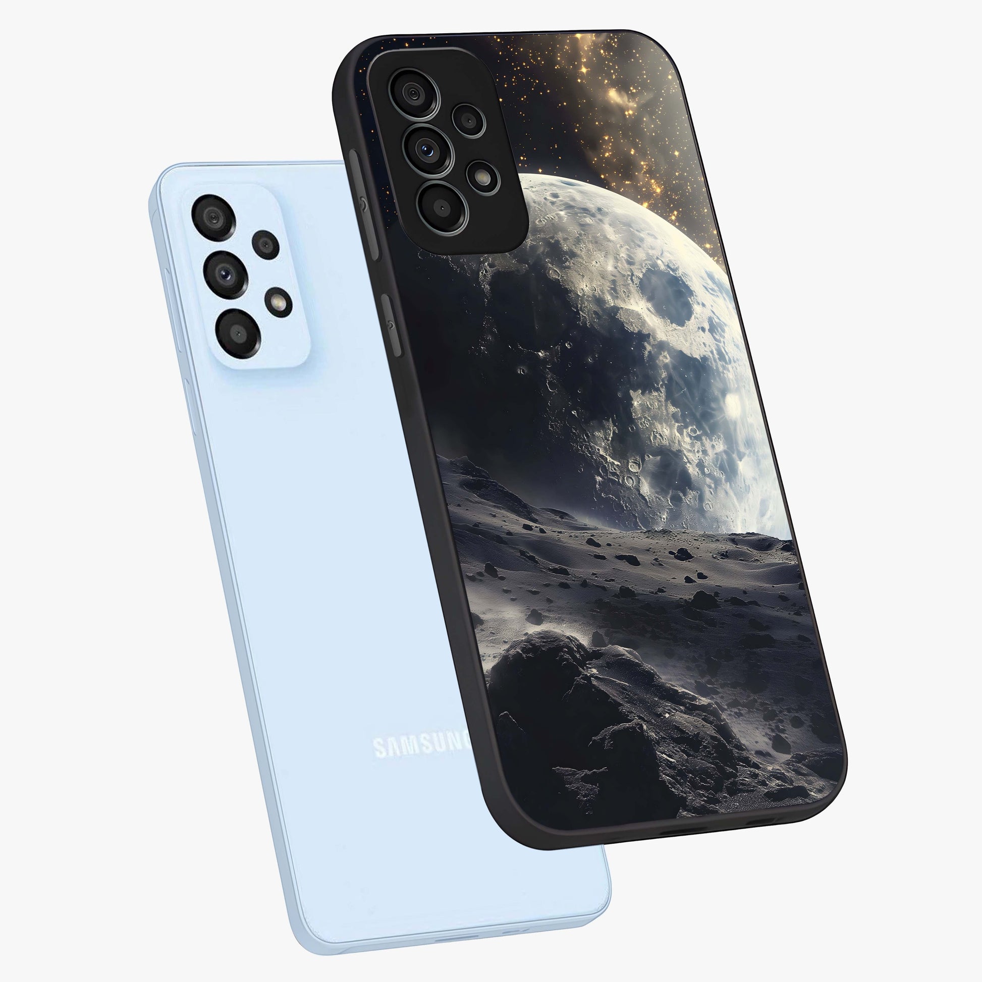 Lunar Horizon Glow Glass Case displayed in angled mockup highlighting celestial moon design with dreamy night aesthetic.