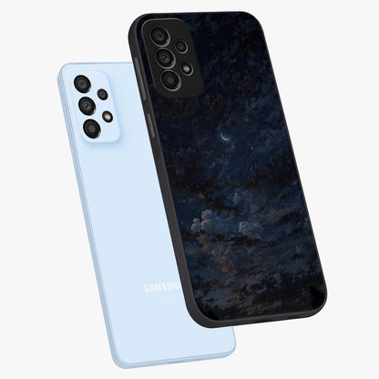 Lunar Veil Silence Glass Case displayed in angled mockup highlighting soft lunar design with peaceful celestial aesthetic.