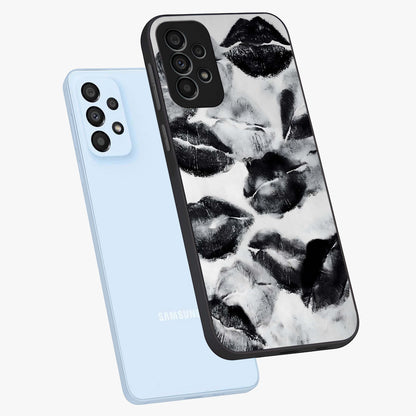Midnight Kiss Marks Glass Case displayed in angled mockup highlighting playful romantic design with bold midnight aesthetic.