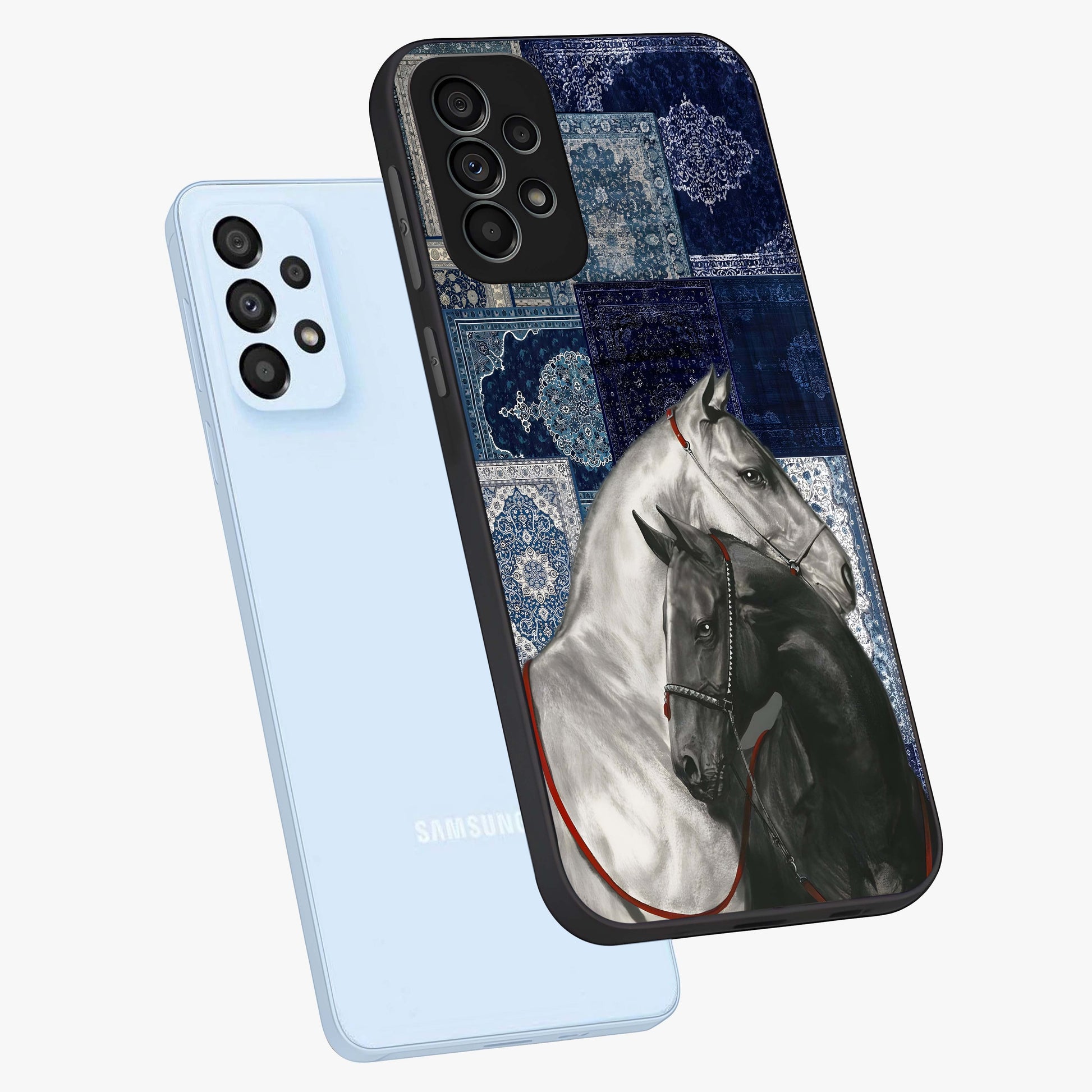 Midnight Stallion Blues Glass Case displayed in angled mockup highlighting powerful stallion illustration with deep midnight tones.
