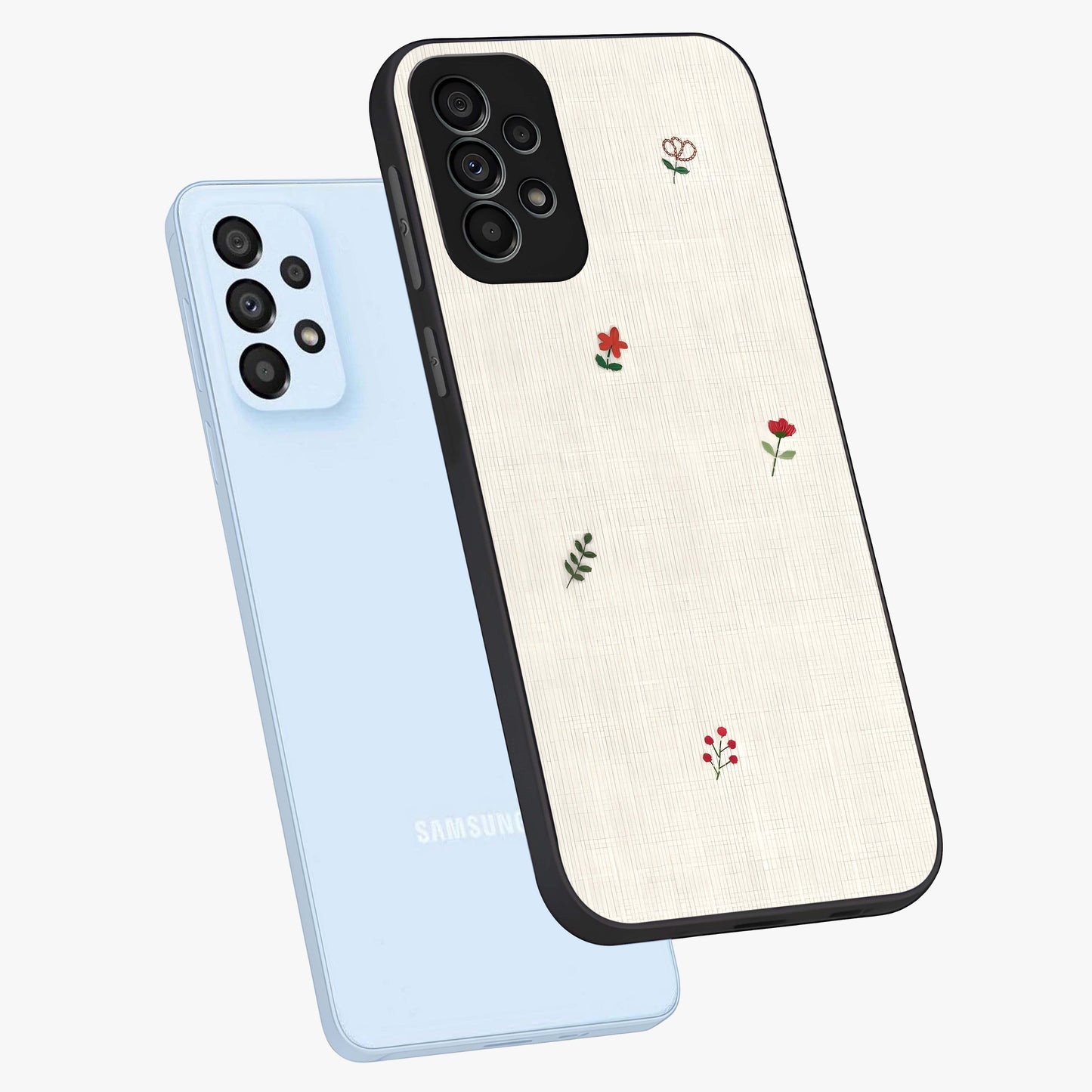 Minimalistic Blue With White Flower Pattern Glass Case displayed in angled mockup highlighting simple floral design with minimal aesthetic.