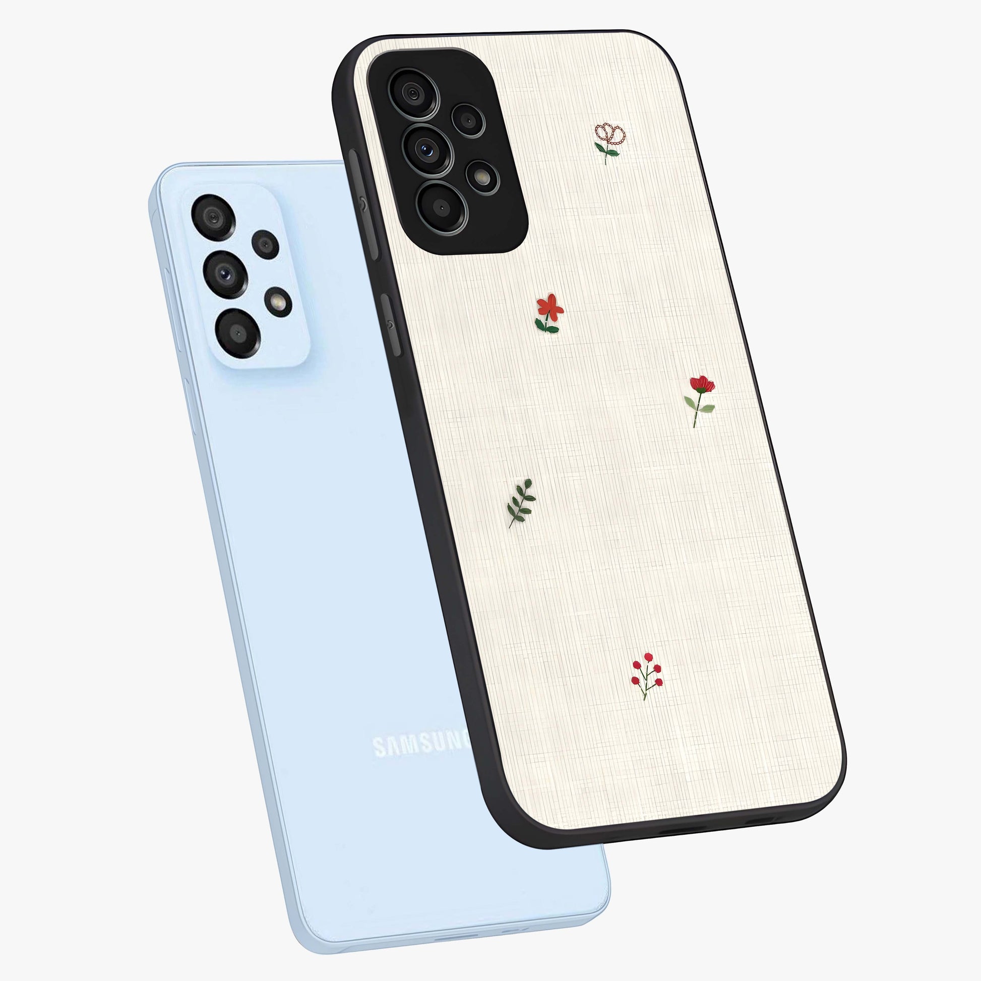 Minimalistic Blue With White Flower Pattern Glass Case displayed in angled mockup highlighting simple floral design with minimal aesthetic.