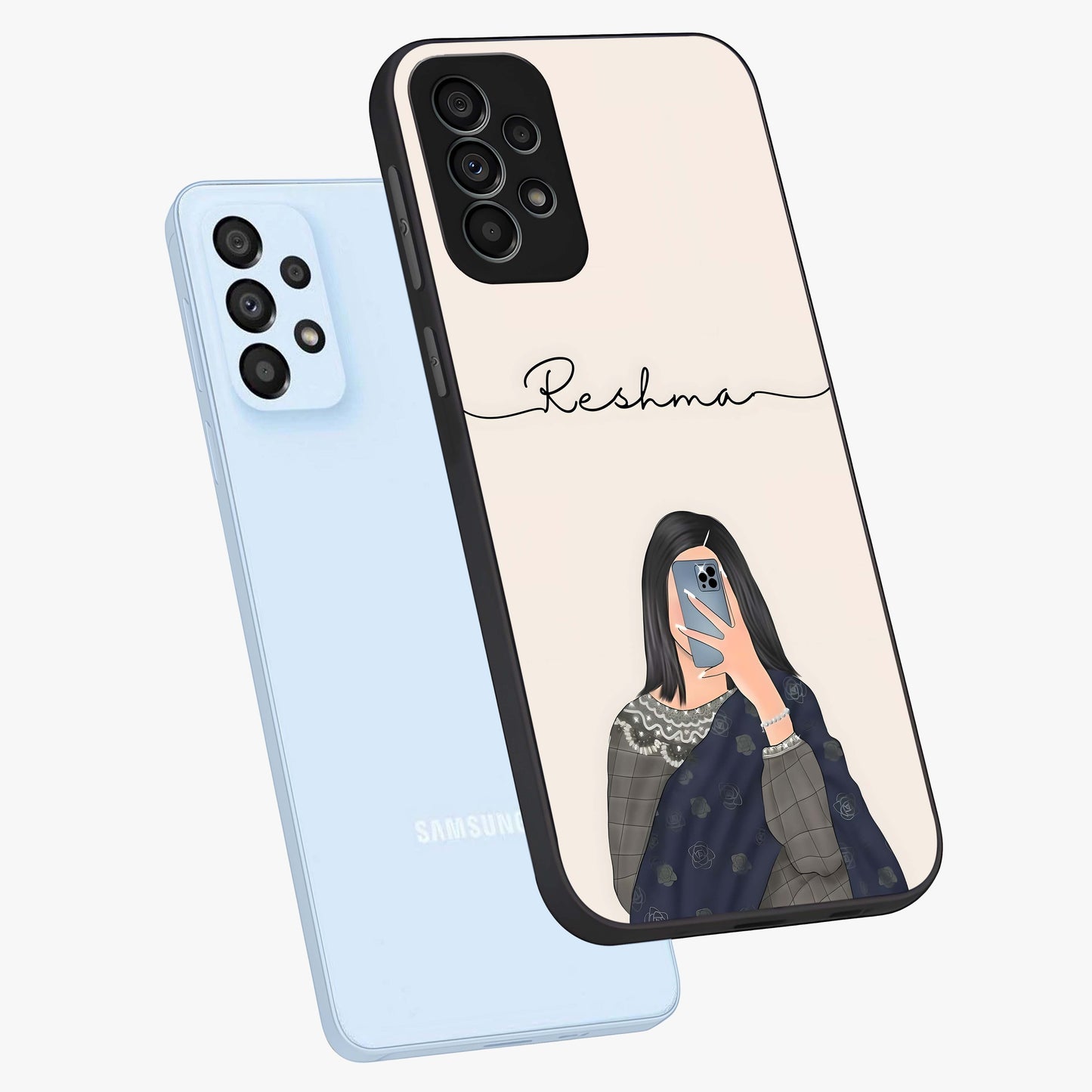 Mirror Mood Muse With Custom Name Glass Case displayed in angled mockup highlighting aesthetic mirror inspired design with custom name feature.
