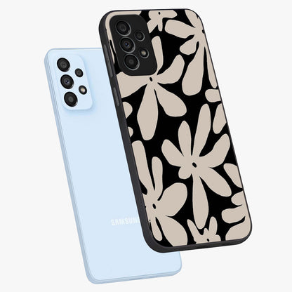 Monochrome Petal Dance Glass Case displayed in angled mockup highlighting elegant petal design with black and white aesthetic.