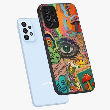 Mystic Eye Wonderland Glass Case displayed in angled mockup highlighting magical eye illustration with dreamy aesthetic.