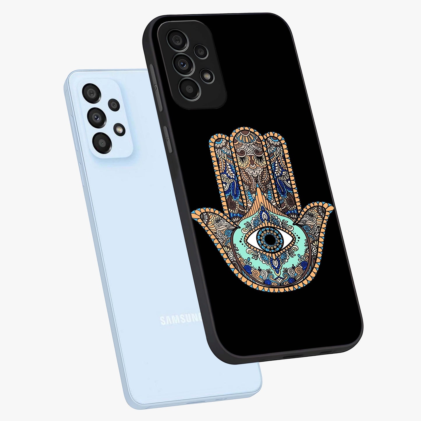Mystic Hamsa Eye Glass Case displayed in angled mockup highlighting spiritual hamsa symbol with mystical aesthetic style.
