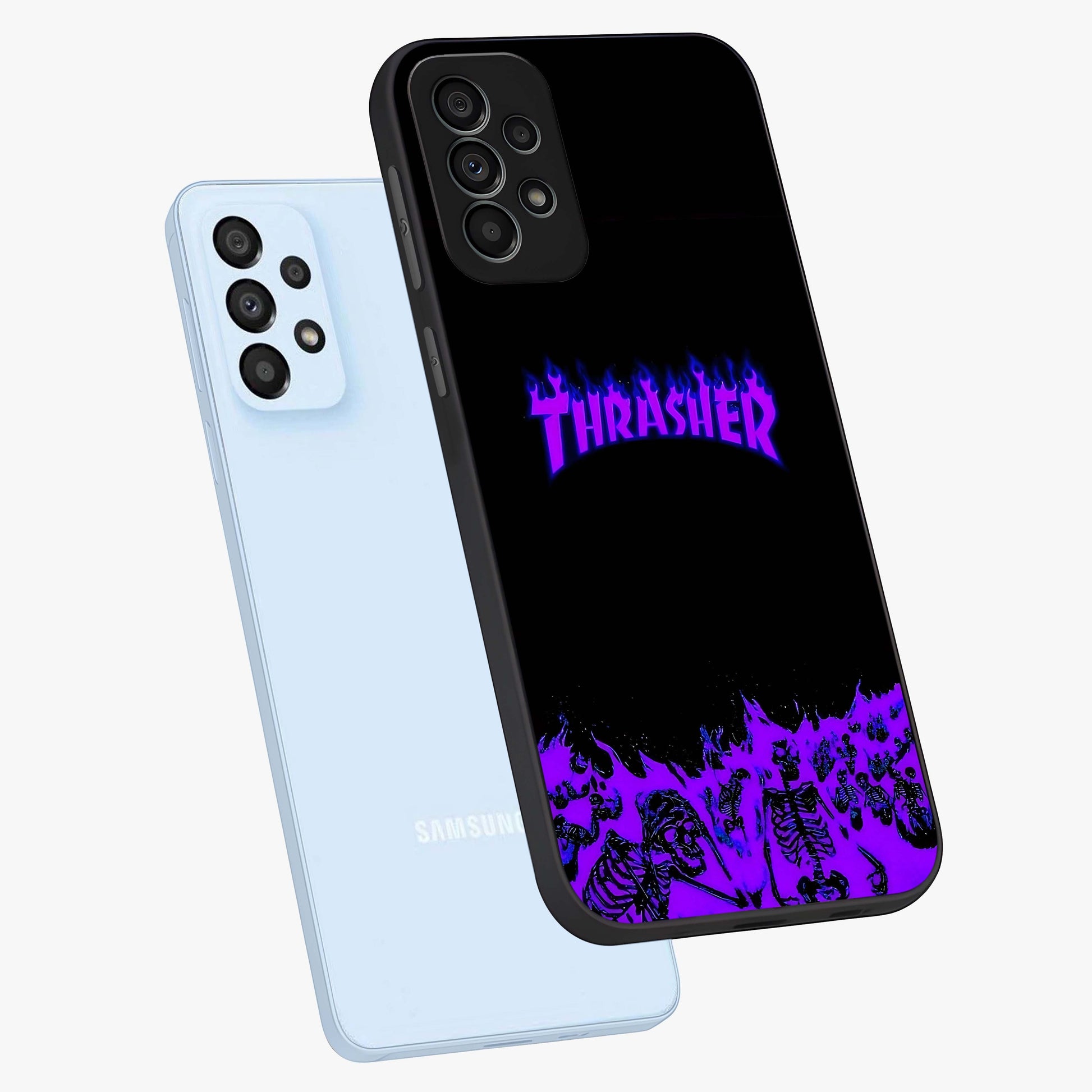 Neon Flame Riot Glass Case displayed in angled mockup highlighting glowing flame design with vibrant neon aesthetic.
