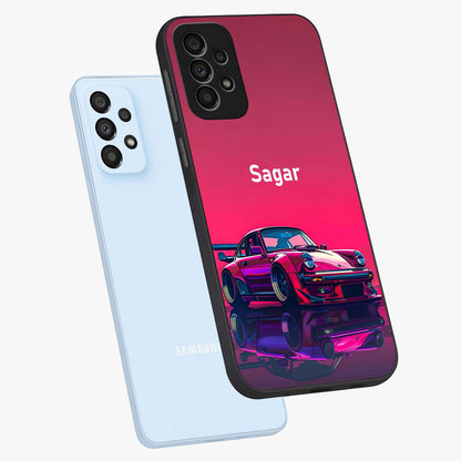 Neon Pink Porsche Glass Case displayed in angled mockup highlighting sleek neon pink car design with racing aesthetic.